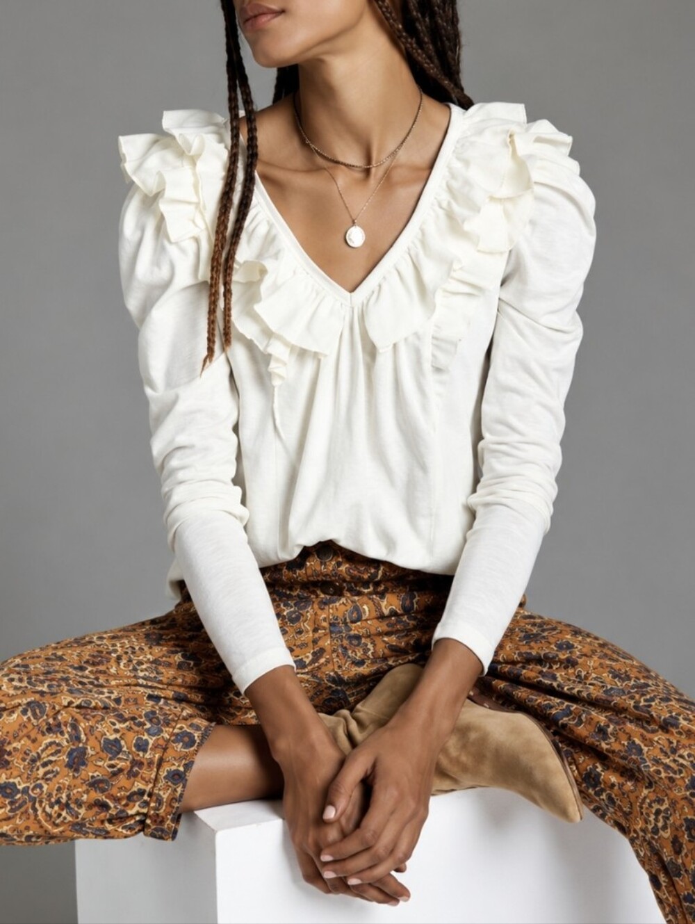 Anthropologie Ruffled V-Neck Peasant Top Puff Sleeves Cream Cotton Size XL